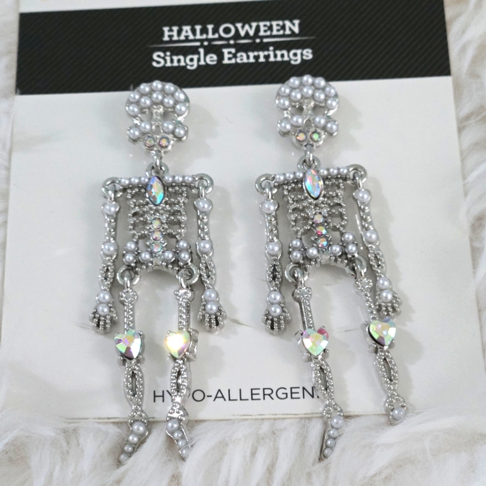 Skeleton Pearl and Iridescent Diamond Rhinestone Heart Gems Halloween Earrings